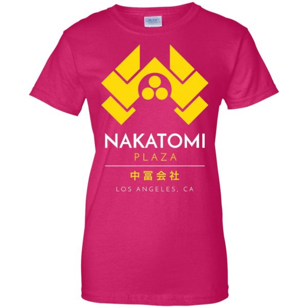 nakatomi plaza womens t shirt - lady t shirt - pink heliconia
