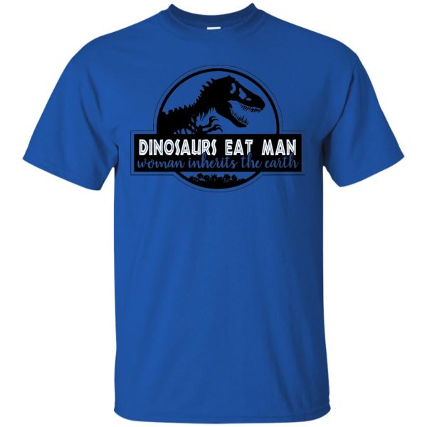 dinosaur eats man woman inherits the earth t shirt - royal blue