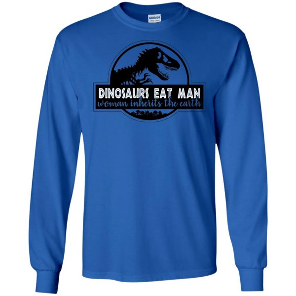 dinosaur eats man woman inherits the earth long sleeve - royal blue