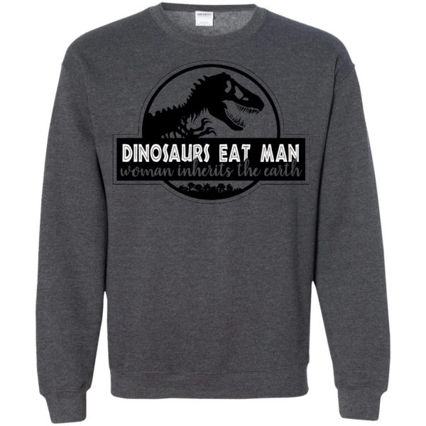 dinosaur eats man woman inherits the earth sweatshirt - dark heather