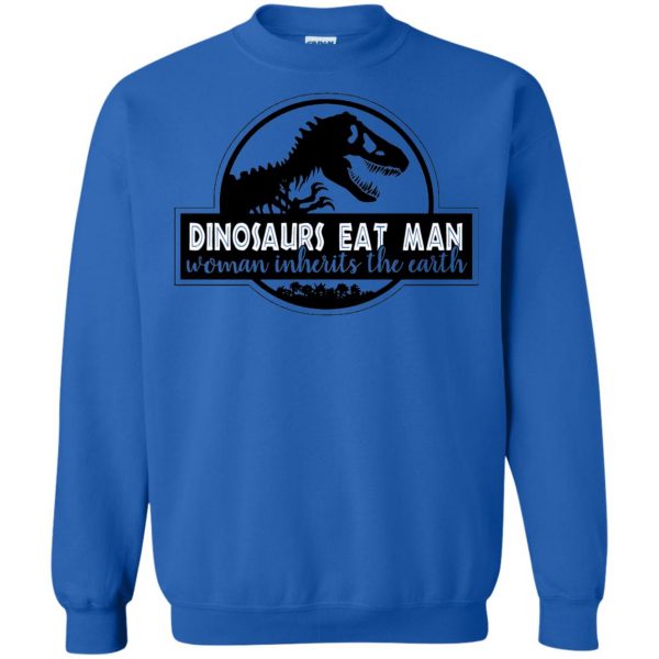 dinosaur eats man woman inherits the earth sweatshirt - royal blue