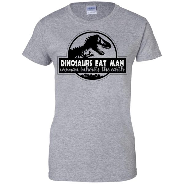 dinosaur eats man woman inherits the earth womens t shirt - lady t shirt - sport grey