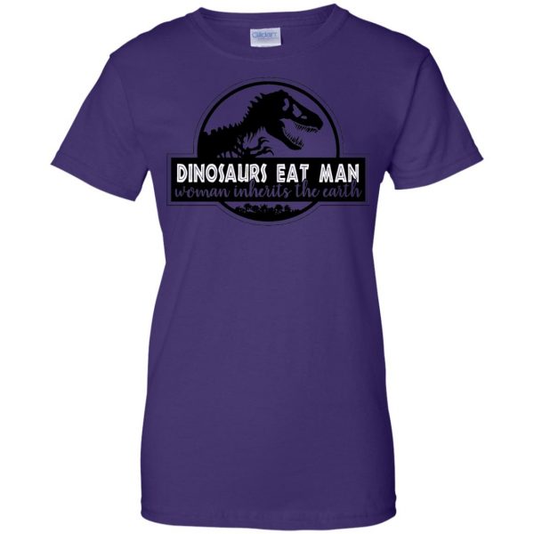 dinosaur eats man woman inherits the earth womens t shirt - lady t shirt - purple
