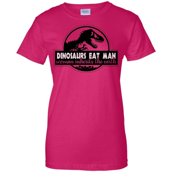 dinosaur eats man woman inherits the earth womens t shirt - lady t shirt - pink heliconia