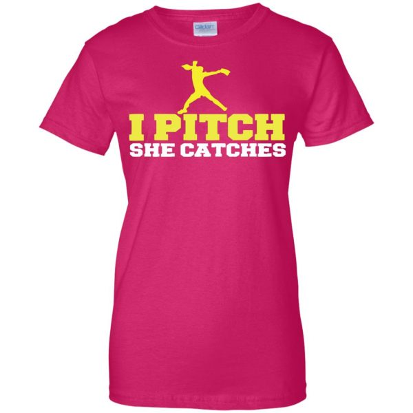 i pitch she catches womens t shirt - lady t shirt - pink heliconia