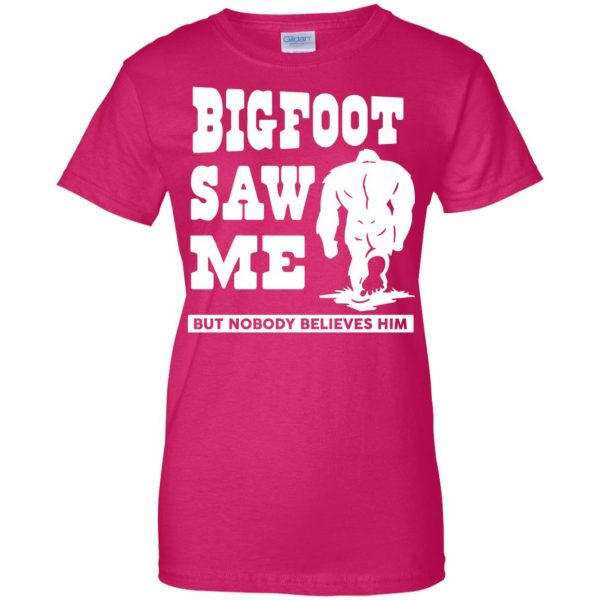 bigfoot saw me womens t shirt - lady t shirt - pink heliconia