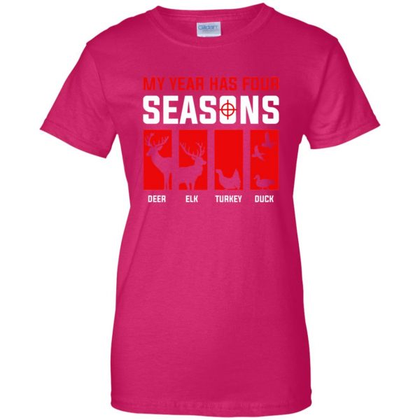 Four Seasons Of Hunting womens t shirt - lady t shirt - pink heliconia
