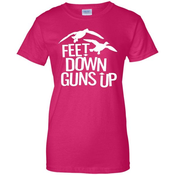 Duck Hunting Feet Down Guns Up womens t shirt - lady t shirt - pink heliconia