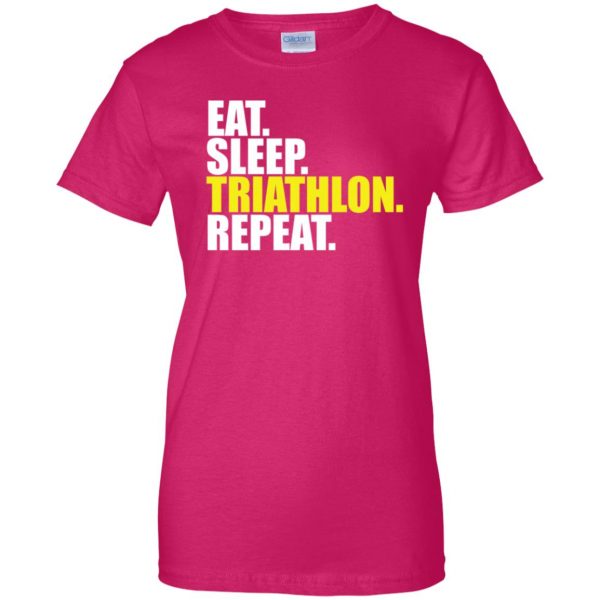 Eat Sleep Triathlon Repeat womens t shirt - lady t shirt - pink heliconia
