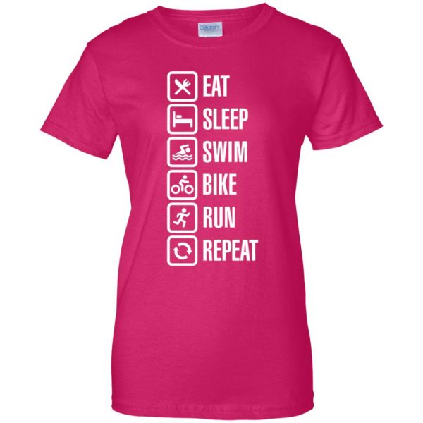 Eat sleep swim bike run repeat womens t shirt - lady t shirt - pink heliconia