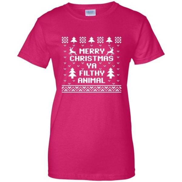 merry christmas ya filthy animal womens t shirt - lady t shirt - pink heliconia